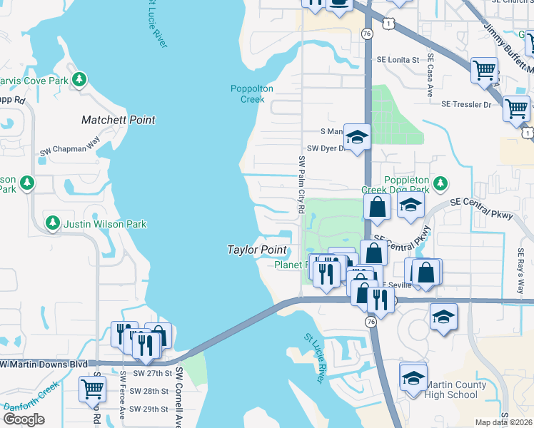 map of restaurants, bars, coffee shops, grocery stores, and more near 1868 Southwest Palm City Road in Stuart