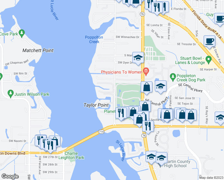 map of restaurants, bars, coffee shops, grocery stores, and more near 1850 Southwest Palm City Road in Stuart