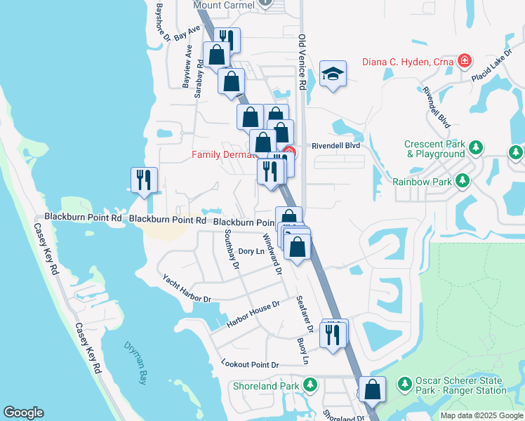 map of restaurants, bars, coffee shops, grocery stores, and more near 315 Pine Run Drive in Osprey