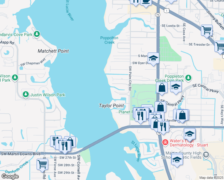 map of restaurants, bars, coffee shops, grocery stores, and more near 1868 Southwest Palm City Road in Stuart