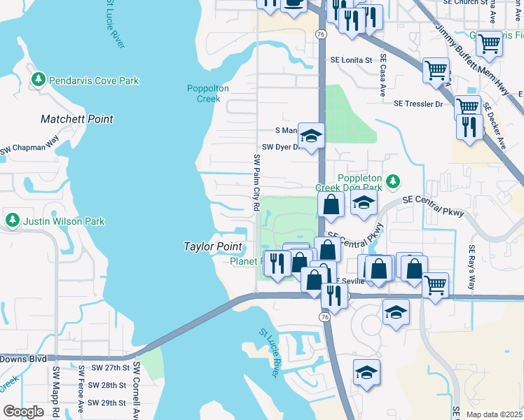 map of restaurants, bars, coffee shops, grocery stores, and more near 1919 Southwest Palm City Road in Stuart