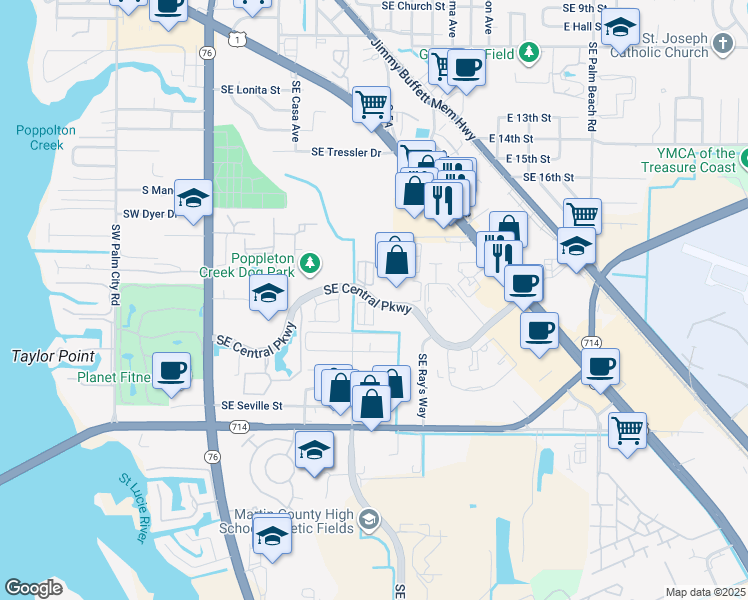 map of restaurants, bars, coffee shops, grocery stores, and more near 614 Southeast Central Parkway in Stuart