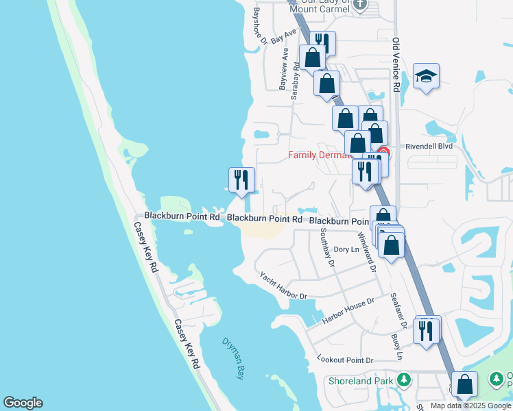 map of restaurants, bars, coffee shops, grocery stores, and more near 576 Blackburn Point Road in Osprey