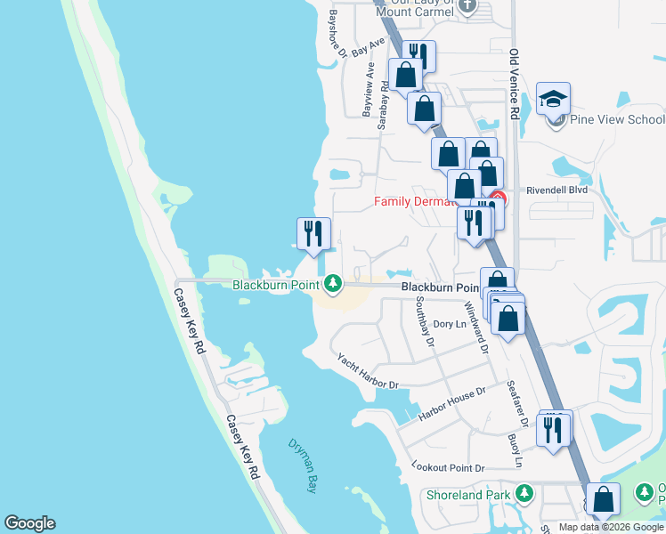 map of restaurants, bars, coffee shops, grocery stores, and more near 576 Blackburn Point Road in Osprey