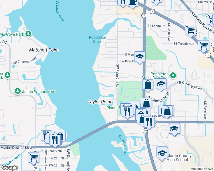 map of restaurants, bars, coffee shops, grocery stores, and more near 1868 Southwest Palm City Road in Stuart
