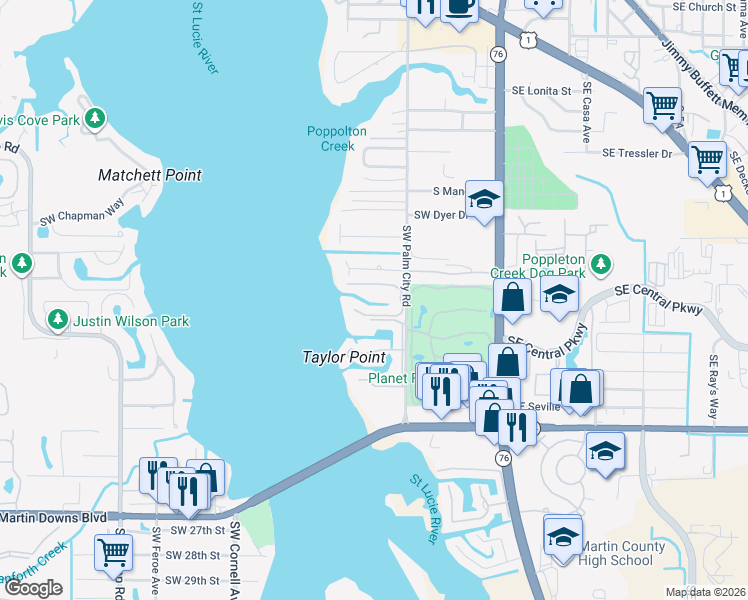 map of restaurants, bars, coffee shops, grocery stores, and more near 1868 Southwest Palm City Road in Stuart
