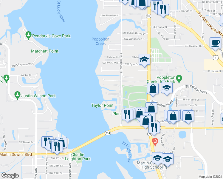 map of restaurants, bars, coffee shops, grocery stores, and more near 1868 Southwest Palm City Road in Stuart