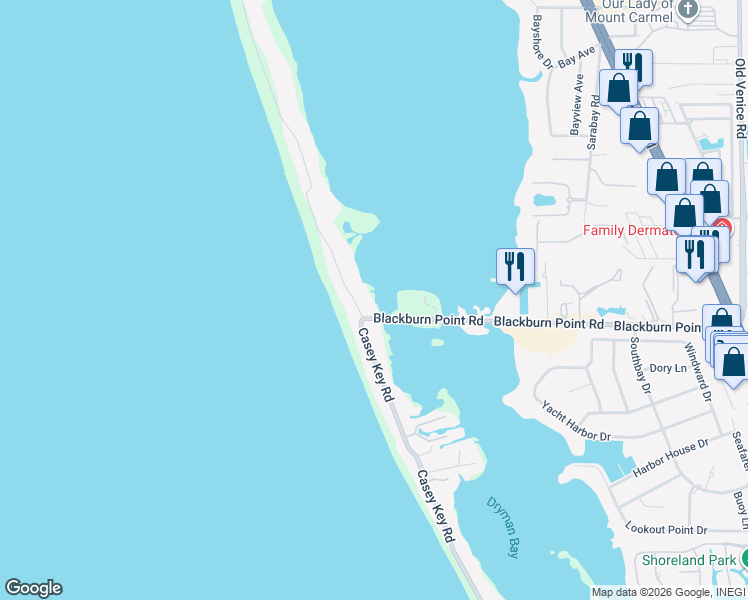 map of restaurants, bars, coffee shops, grocery stores, and more near 2001 Blackburn Point Road in Osprey