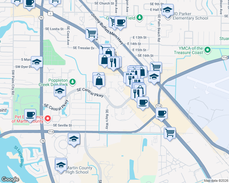 map of restaurants, bars, coffee shops, grocery stores, and more near 802 Southeast Central Parkway in Stuart