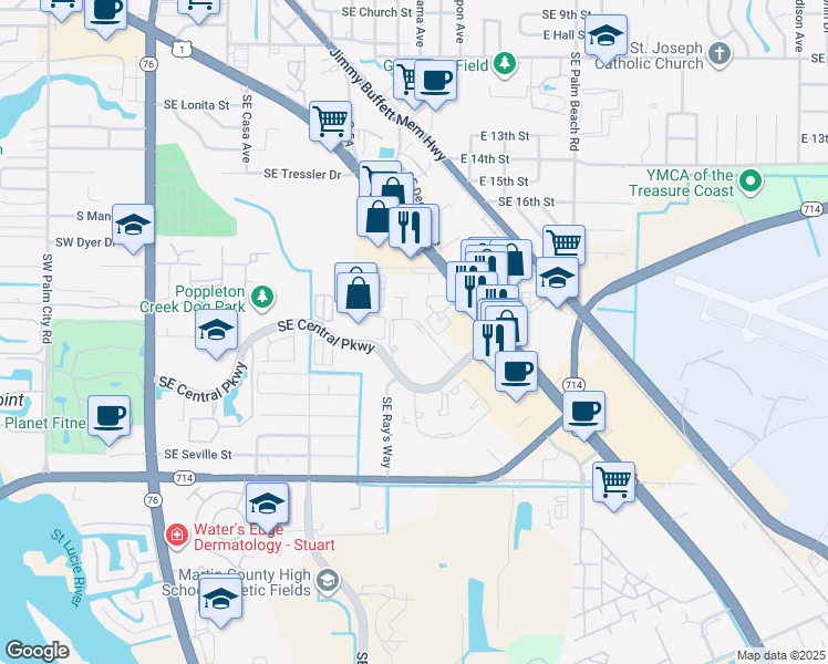 map of restaurants, bars, coffee shops, grocery stores, and more near 801 Southeast Central Parkway in Stuart