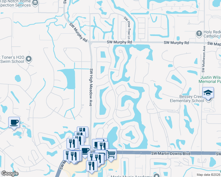 map of restaurants, bars, coffee shops, grocery stores, and more near 2981 Southwest Brighton Way in Palm City