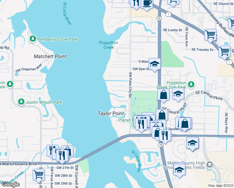 map of restaurants, bars, coffee shops, grocery stores, and more near 1868 Southwest Palm City Road in Stuart