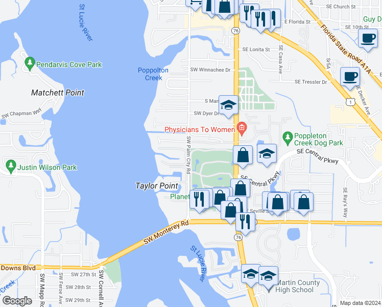 map of restaurants, bars, coffee shops, grocery stores, and more near 503 Southwest South Carolina Drive in Stuart