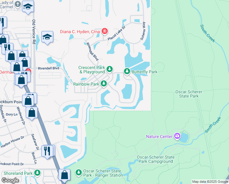 map of restaurants, bars, coffee shops, grocery stores, and more near 1076 Mallard Marsh Drive in Osprey