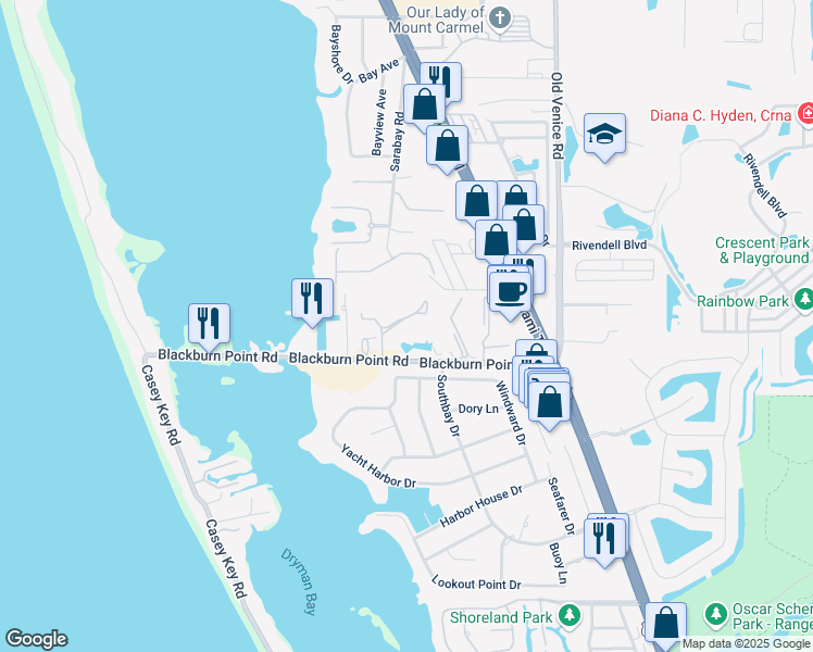 map of restaurants, bars, coffee shops, grocery stores, and more near 288 Woods Point Road in Osprey