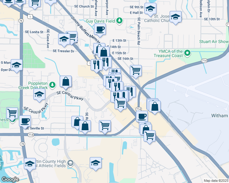 map of restaurants, bars, coffee shops, grocery stores, and more near 1823 Southeast Federal Highway in Stuart