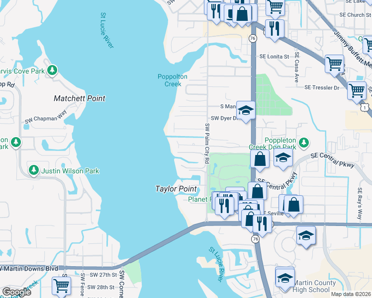 map of restaurants, bars, coffee shops, grocery stores, and more near 513 Southwest South Carolina Drive in Stuart