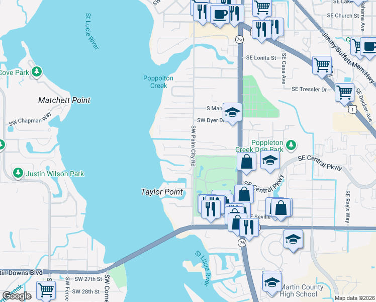 map of restaurants, bars, coffee shops, grocery stores, and more near 503 Southwest South Carolina Drive in Stuart