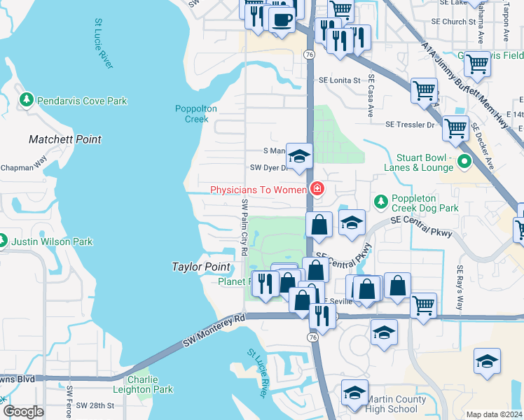 map of restaurants, bars, coffee shops, grocery stores, and more near 205 Southwest South Carolina Drive in Stuart
