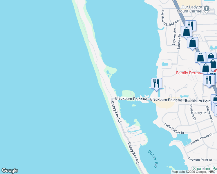 map of restaurants, bars, coffee shops, grocery stores, and more near 140 North Casey Key Road in Osprey