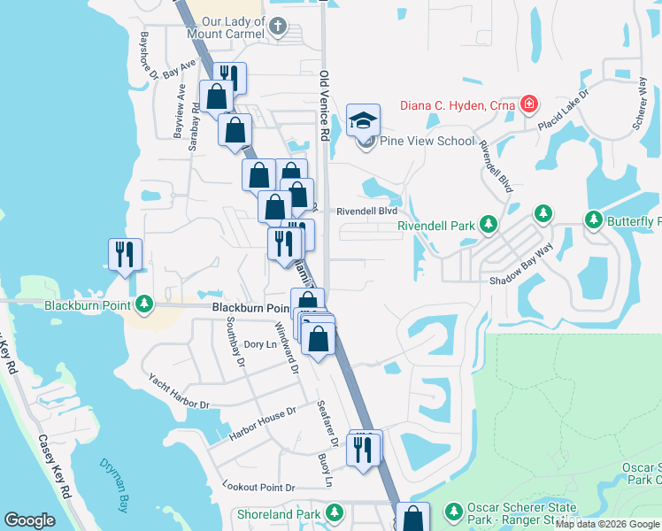 map of restaurants, bars, coffee shops, grocery stores, and more near in Osprey
