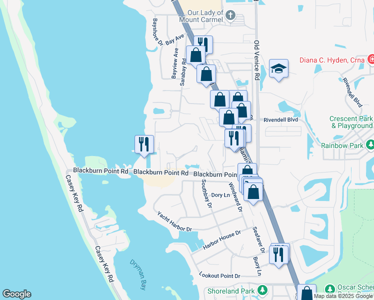 map of restaurants, bars, coffee shops, grocery stores, and more near 288 Woods Point Road in Osprey