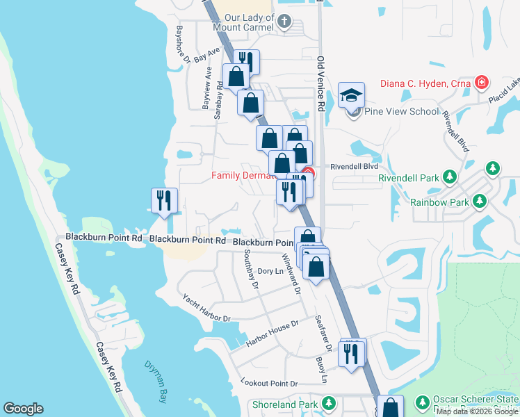 map of restaurants, bars, coffee shops, grocery stores, and more near 717 Pine Run Drive in Osprey