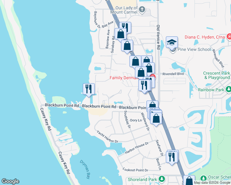 map of restaurants, bars, coffee shops, grocery stores, and more near 288 Woods Point Road in Osprey