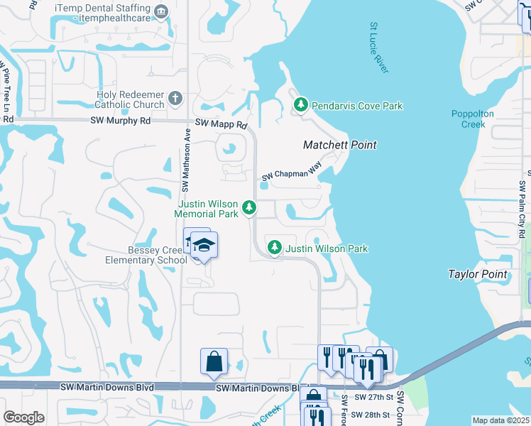 map of restaurants, bars, coffee shops, grocery stores, and more near 1445 Southwest Sandpiper Way in Palm City
