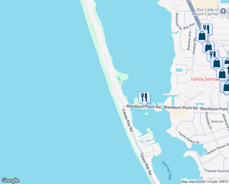 map of restaurants, bars, coffee shops, grocery stores, and more near 141 North Casey Key Road in Osprey