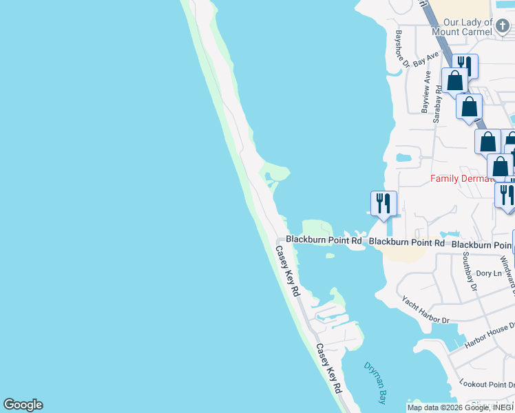 map of restaurants, bars, coffee shops, grocery stores, and more near 141 North Casey Key Road in Osprey