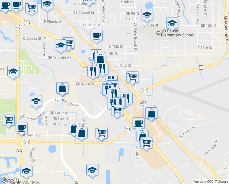 map of restaurants, bars, coffee shops, grocery stores, and more near 1823 Southeast Federal Highway in Stuart