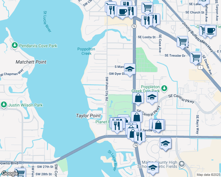 map of restaurants, bars, coffee shops, grocery stores, and more near 1900 South Kanner Highway in Stuart
