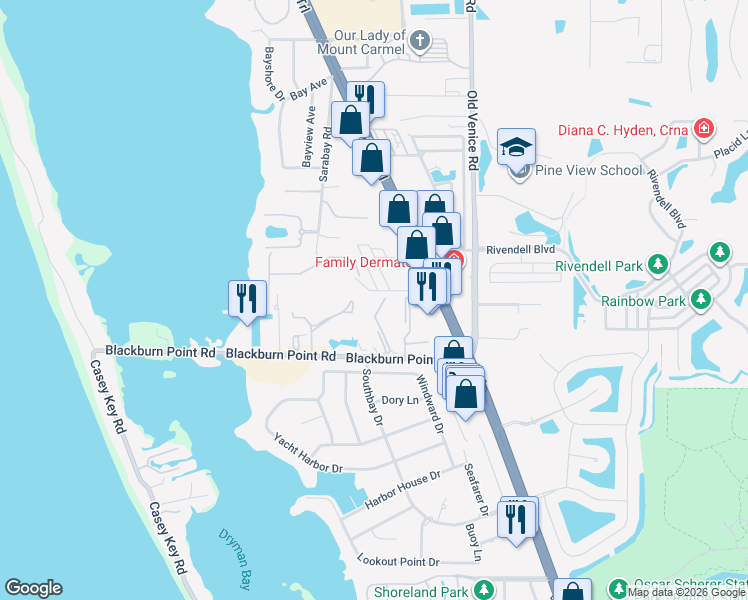 map of restaurants, bars, coffee shops, grocery stores, and more near 702 Pine Run Drive in Osprey