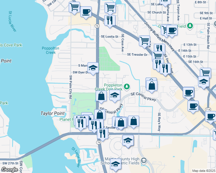 map of restaurants, bars, coffee shops, grocery stores, and more near 194 Southeast Kitching Circle in Stuart