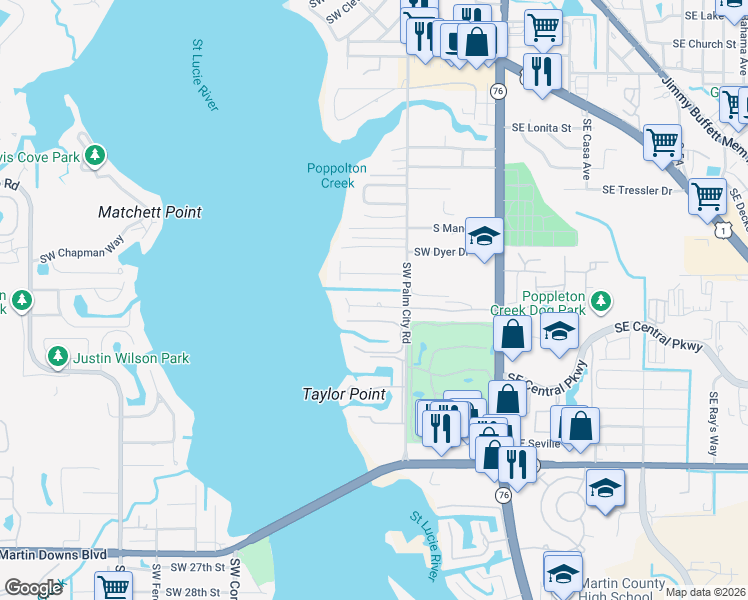 map of restaurants, bars, coffee shops, grocery stores, and more near 513 Southwest South Carolina Drive in Stuart