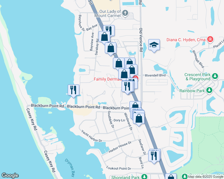map of restaurants, bars, coffee shops, grocery stores, and more near 702 Pine Run Drive in Osprey