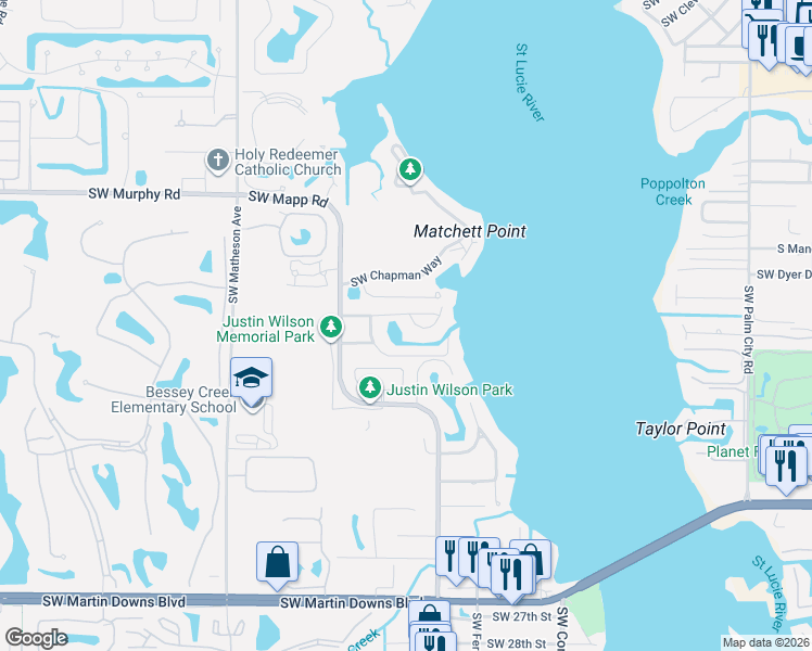 map of restaurants, bars, coffee shops, grocery stores, and more near 1953 Southwest Mockingbird Lane in Palm City