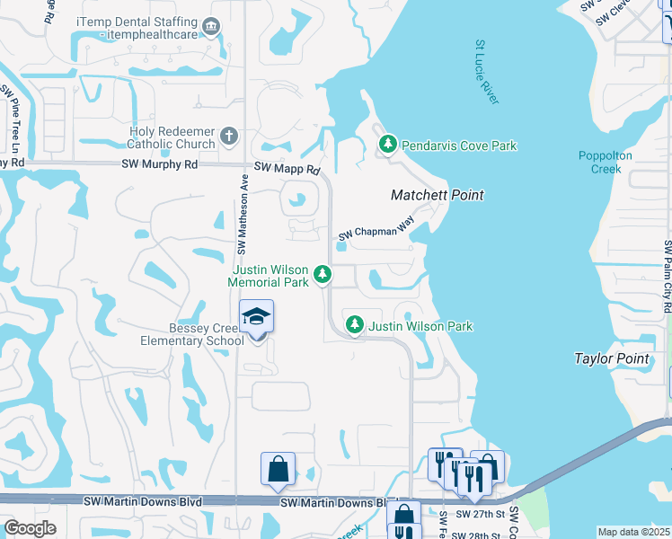 map of restaurants, bars, coffee shops, grocery stores, and more near 1445 Southwest Sandpiper Way in Palm City