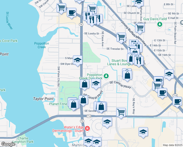 map of restaurants, bars, coffee shops, grocery stores, and more near 103 Southeast Beech Tree Lane in Stuart