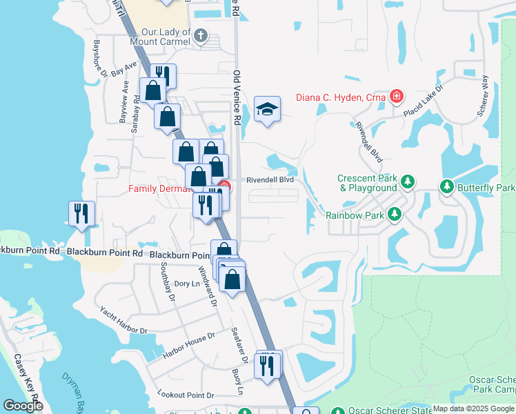 map of restaurants, bars, coffee shops, grocery stores, and more near 585 Meadow Sweet Circle in Osprey