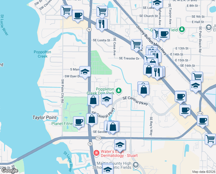 map of restaurants, bars, coffee shops, grocery stores, and more near 492 Southeast McDonald Lane in Stuart