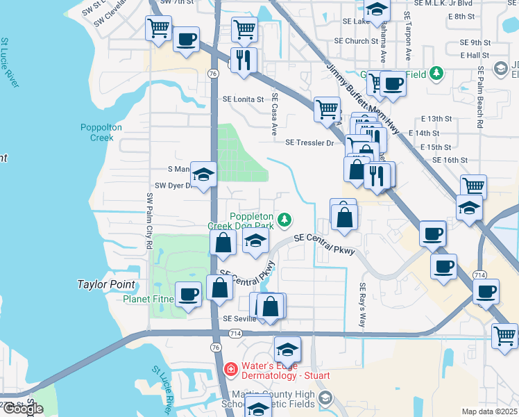 map of restaurants, bars, coffee shops, grocery stores, and more near 88 Southeast Hancock Street in Stuart