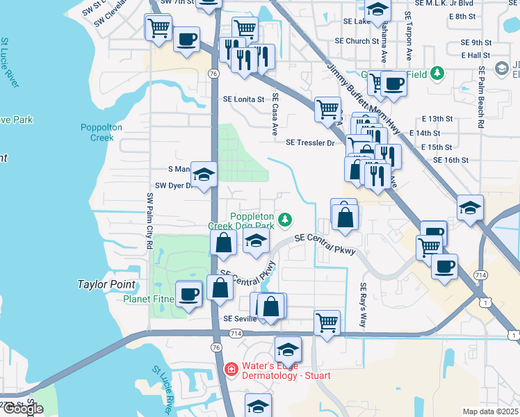 map of restaurants, bars, coffee shops, grocery stores, and more near 736 Southeast Prescott Place in Stuart
