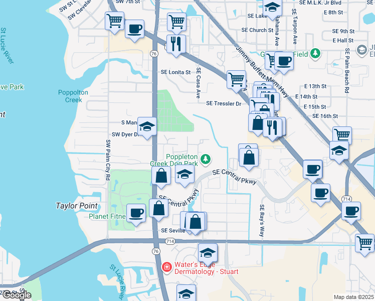 map of restaurants, bars, coffee shops, grocery stores, and more near 736 Southeast Prescott Place in Stuart