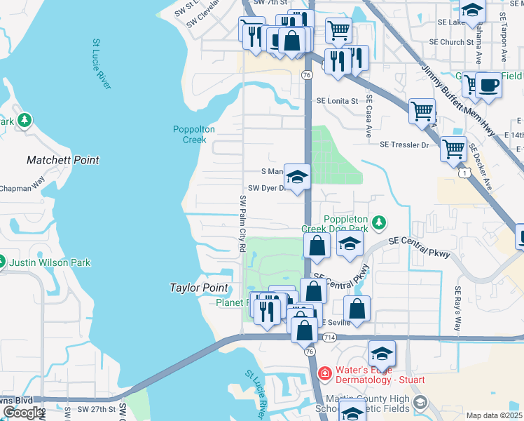 map of restaurants, bars, coffee shops, grocery stores, and more near 1831 Southwest Palm City Road in Stuart
