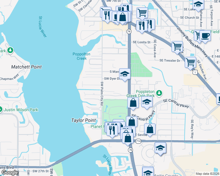 map of restaurants, bars, coffee shops, grocery stores, and more near 1831 Southwest Palm City Road in Stuart