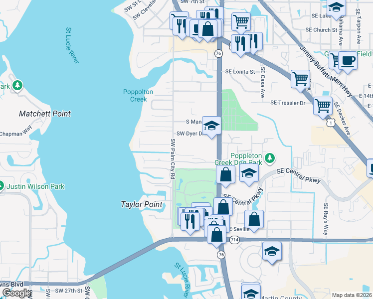 map of restaurants, bars, coffee shops, grocery stores, and more near 1831 Southwest Palm City Road in Stuart