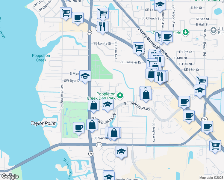 map of restaurants, bars, coffee shops, grocery stores, and more near 88 Southeast Hancock Street in Stuart