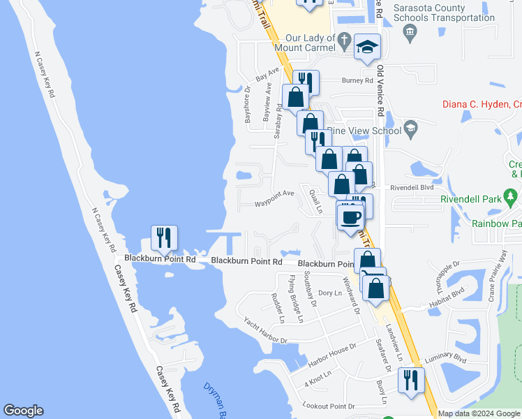 map of restaurants, bars, coffee shops, grocery stores, and more near 3924 Waypoint Avenue in Osprey